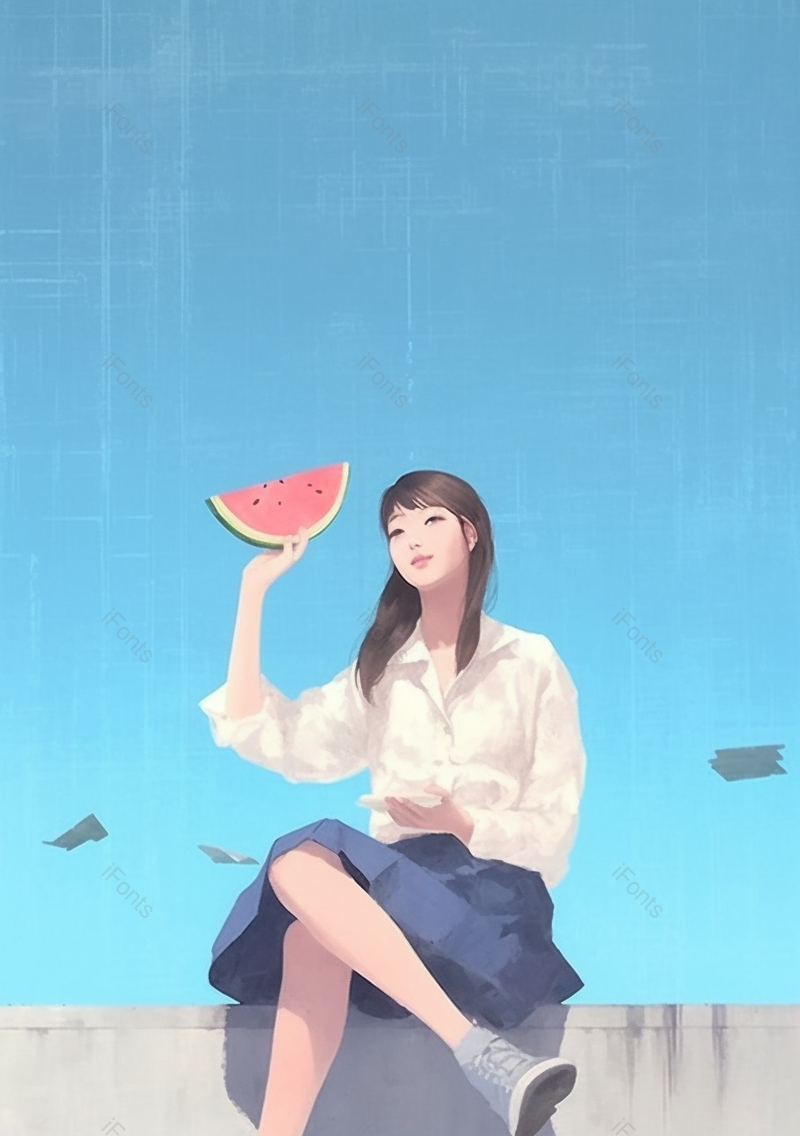 蓝色夏天女孩西瓜听歌天台开心小清新插画,插画/手绘图,插画/手绘图库,插画/手绘图下载,插画/手绘